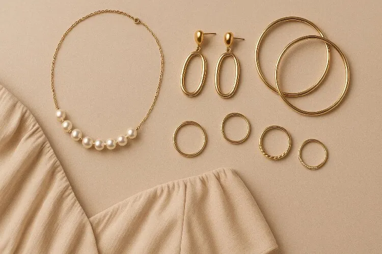 Coordinated jewelry set including necklace, earrings, bracelets, and rings for off-the-shoulder dress Coordinated jewelry set including necklace, earrings, bracelets, and rings for off-the-shoulder dress