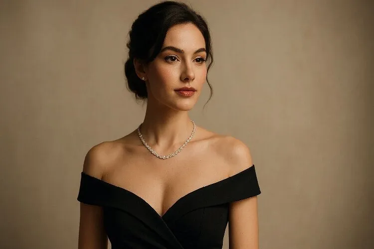 Off-the-shoulder dress completed with the perfect necklace Off-the-shoulder dress completed with the perfect necklace