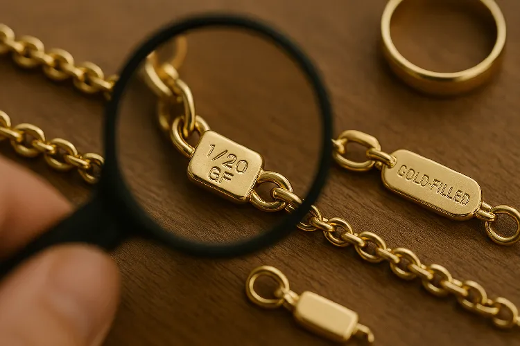The "GF" mark on gold-plated jewelry, highlighted by a magnifying glass. The "GF" mark on gold-plated jewelry, highlighted by a magnifying glass.