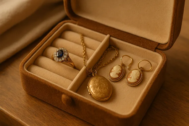 Retro jewelry set, including sapphire ring, engraved pendant and earrings. Retro jewelry set, including sapphire ring, engraved pendant and earrings.