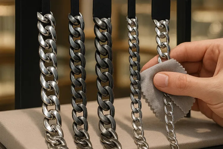 Stainless steel curb chains displayed at a jewelry store. Stainless steel curb chains displayed at a jewelry store.