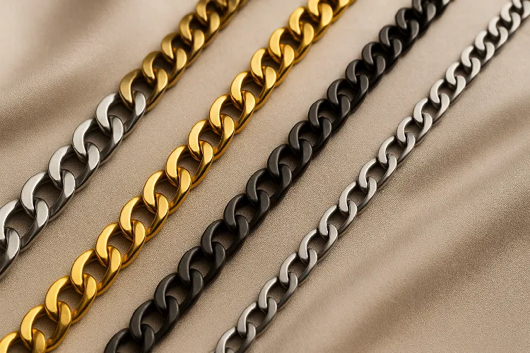 Various types of stainless steel curb chains with different finishes. Various types of stainless steel curb chains with different finishes.