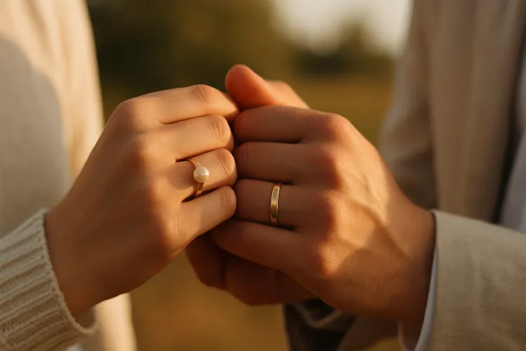 Hand in hand, they display simple golden rings, symbolizing love and commitment. Hand in hand, they display simple golden rings, symbolizing love and commitment.
