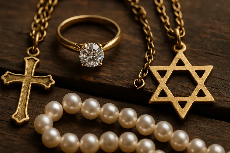 Golden faith jewelry, including crosses, hexagonal star pendants, diamond-encrusted rings and pearl necklaces. Golden faith jewelry, including crosses, hexagonal star pendants, diamond-encrusted rings and pearl necklaces.