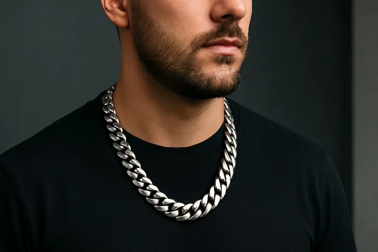 Man wearing a thick stainless steel curb chain Man wearing a thick stainless steel curb chain