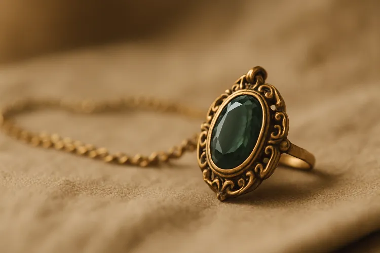 Retro golden ring, set with green gemstones, elegant design. Retro golden ring, set with green gemstones, elegant design.