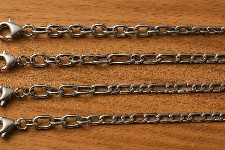 Different types of stainless steel cable chains (standard, Rollo and Figaro chains) Different types of stainless steel cable chains (standard, Rollo and Figaro chains)