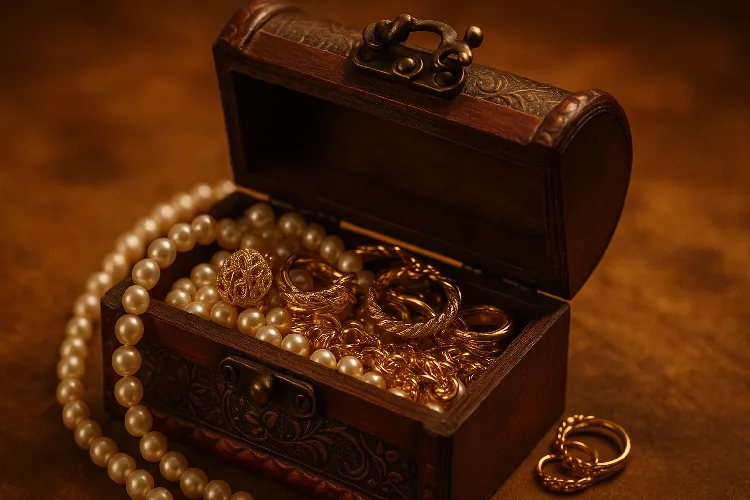 Retro wooden jewelry box, containing golden ornaments and pearl necklaces. Retro wooden jewelry box, containing golden ornaments and pearl necklaces.