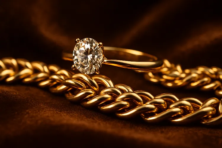 The golden diamond-encrusted ring and the rugged chain exude luxury and power. The golden diamond-encrusted ring and the rugged chain exude luxury and power.