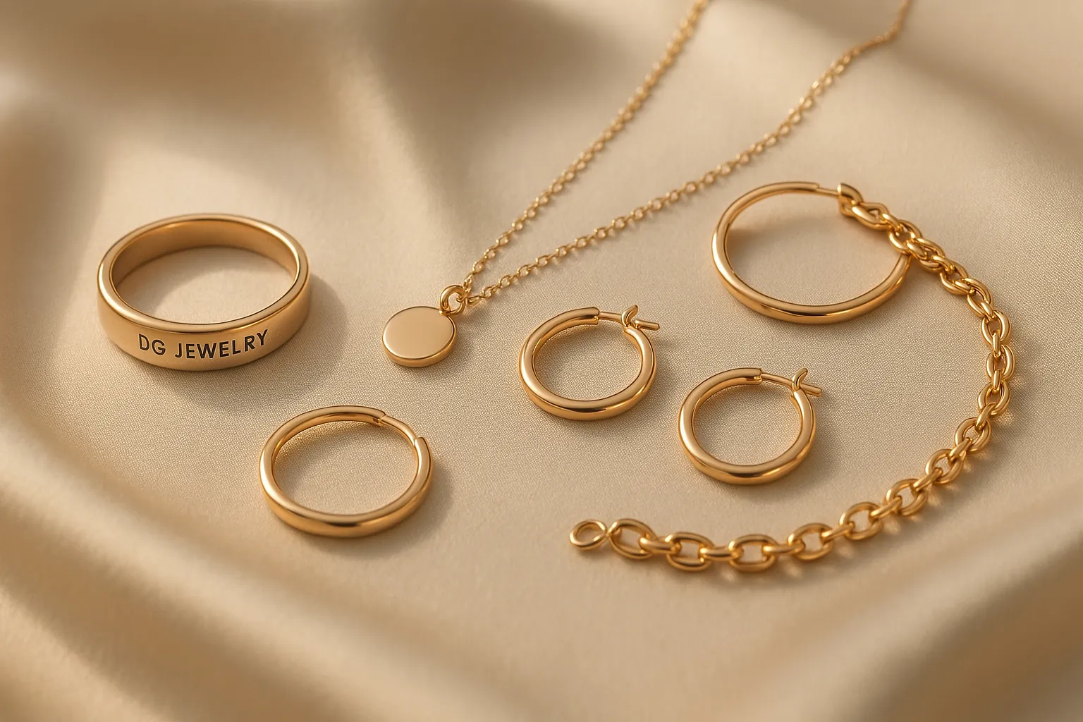 Rose gold jewelry on beige silk under soft light