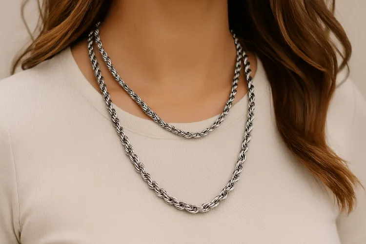 Layered stainless steel rope chains for a trendy women's look. Layered stainless steel rope chains for a trendy women's look.