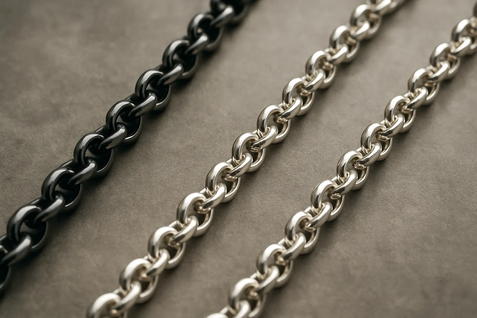 Stainless steel and sterling silver rolo chain necklaces on a textured background