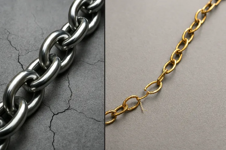 Durable stainless steel rolo chain vs. fragile gold chain. Durable stainless steel rolo chain vs. fragile gold chain.