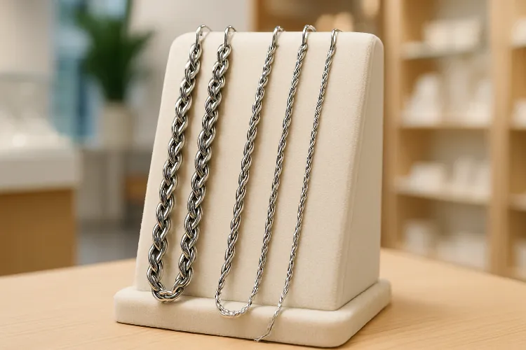 Stainless steel rope chains on display at a jewelry store. Stainless steel rope chains on display at a jewelry store.