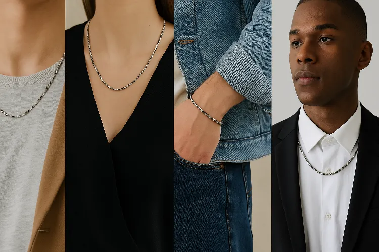 A variety of silver box chain necklaces and bracelets A variety of silver box chain necklaces and bracelets