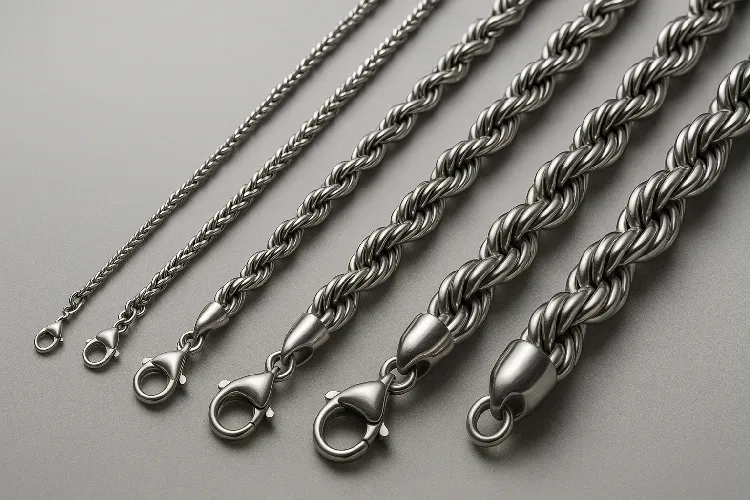 Various sizes of stainless steel rope chains showing durability. Various sizes of stainless steel rope chains showing durability.
