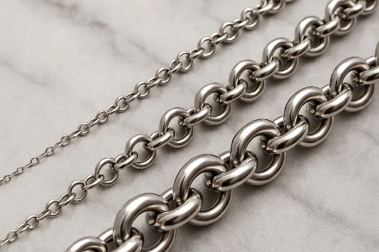 Comparison of different thicknesses of stainless steel rolo chains. Comparison of different thicknesses of stainless steel rolo chains.