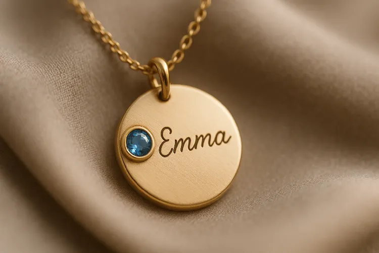 Personalized memorial pendant with name and birthstone inlay.