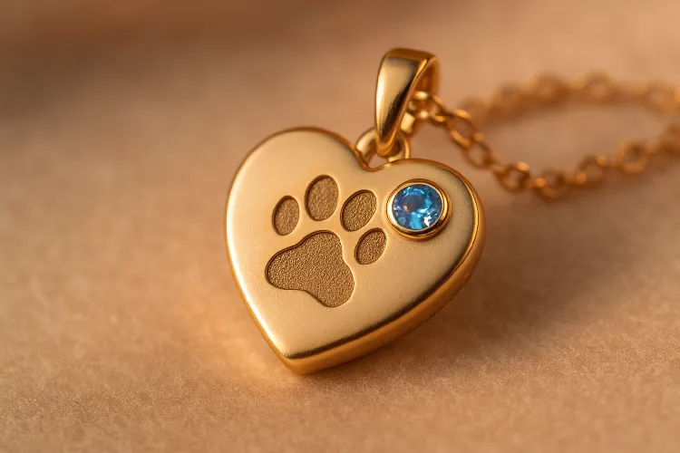 Pet memorial pendant with paw print and birthstone.