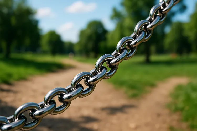 Stainless steel rolo chain in an active, outdoor setting Stainless steel rolo chain in an active, outdoor setting