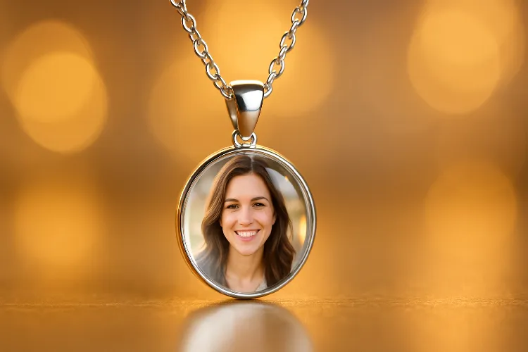 Crystal-clear resin photo pendant with a loved one’s smile.