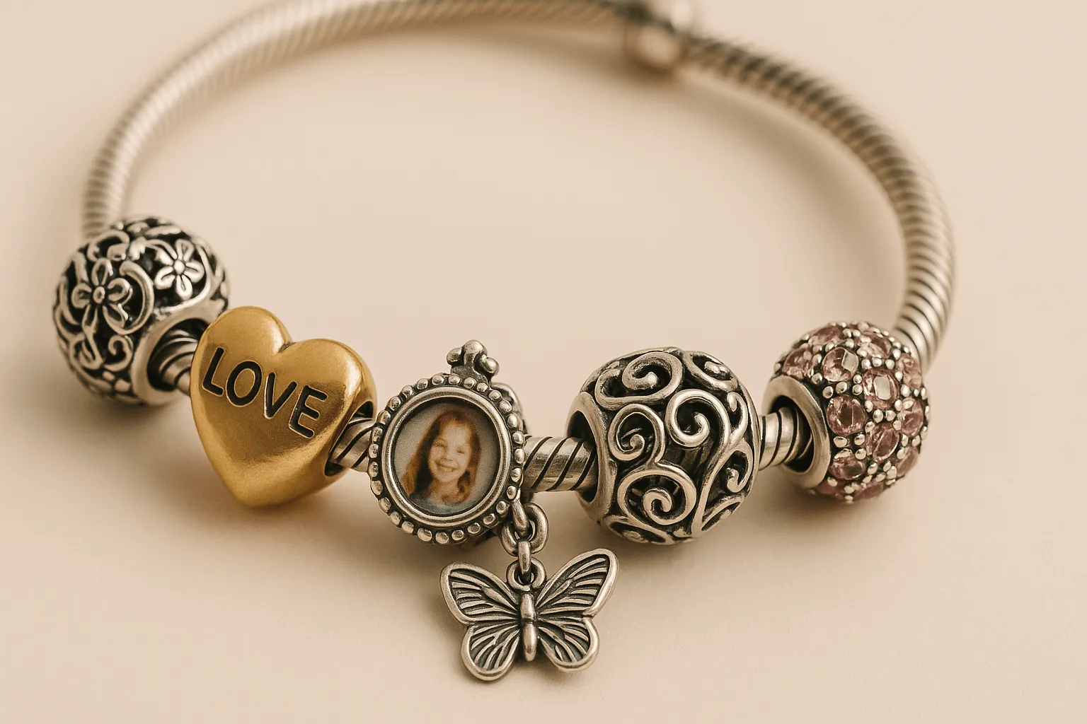 Unique charm bracelet showing personal style.
