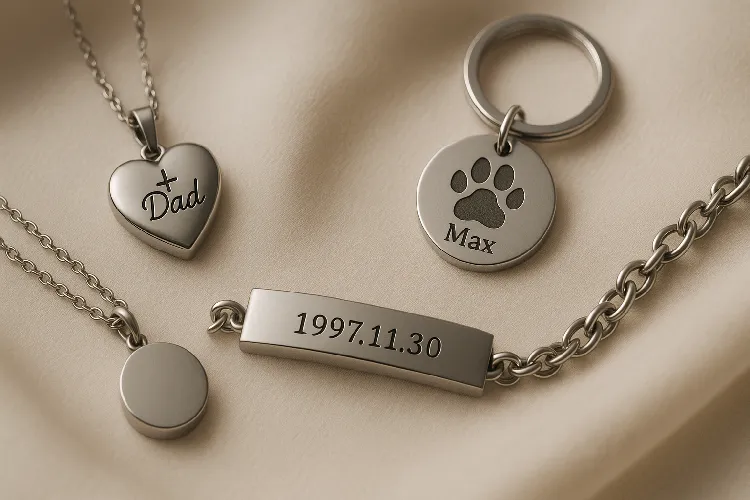Various memorial jewelry with personalized engravings, including necklaces, bracelets, and keychains