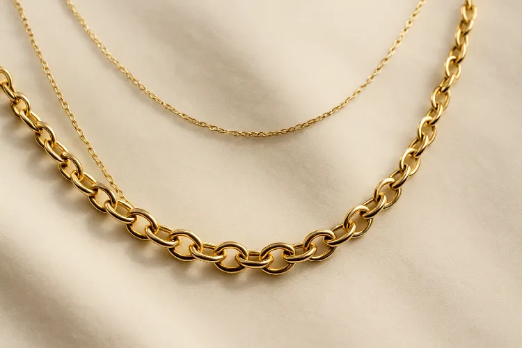 Layered jewelry look with cable and rolo chains. Layered jewelry look with cable and rolo chains.