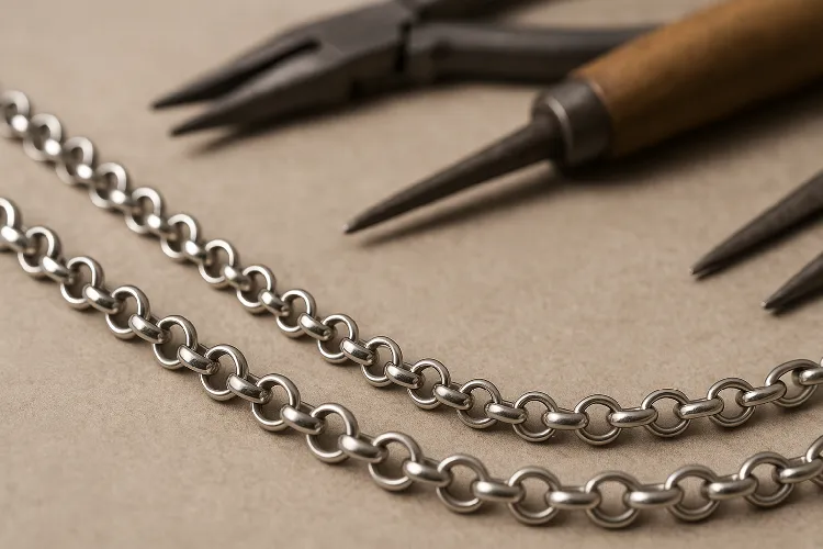 Sterling silver rolo chain in a jewelry repair setting. Sterling silver rolo chain in a jewelry repair setting.
