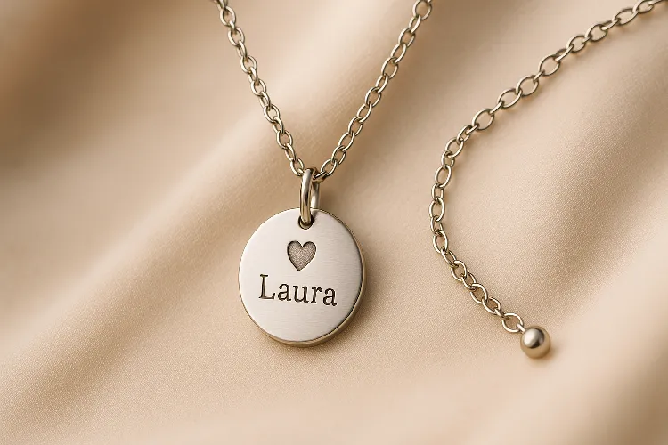 Personalized memorial pendant on adjustable chain.
