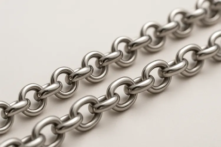 Close-up of hypoallergenic 316L stainless steel rolo chain Close-up of hypoallergenic 316L stainless steel rolo chain