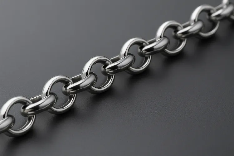 Close-up of stainless steel rolo chain on a dark minimalist background. Close-up of stainless steel rolo chain on a dark minimalist background.