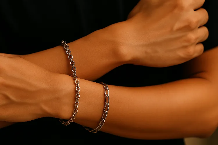 Person wearing both rolo and cable chain bracelets. Person wearing both rolo and cable chain bracelets.