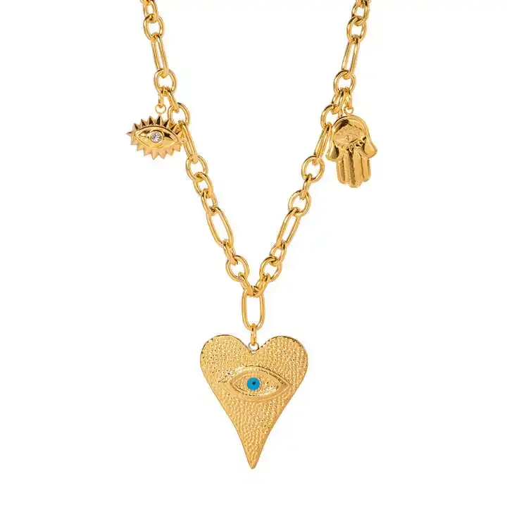 Copper charm necklace with heart hamsa and eye symbols
