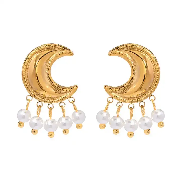 Copper crescent moon earrings with dangling pearls