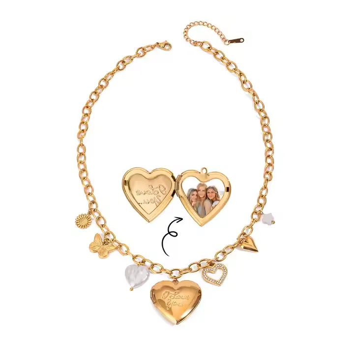 Copper heart shaped locket bracelet with photo and charms