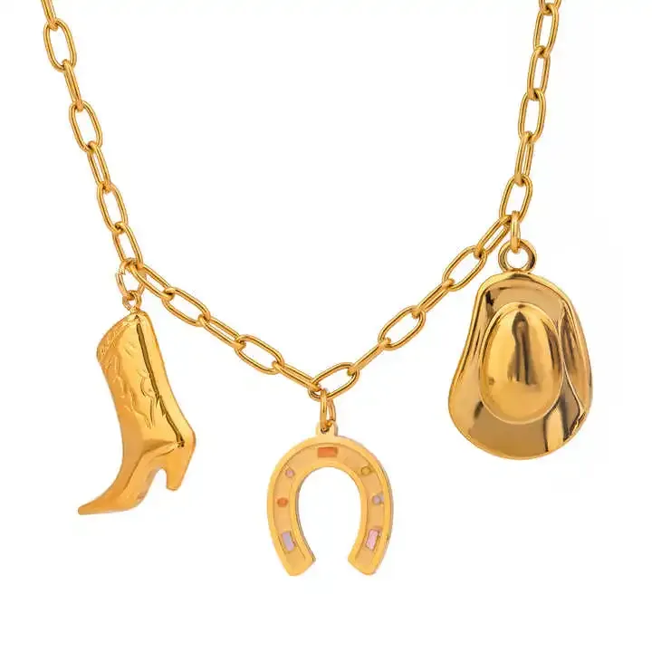Copper necklace with cowboy boot hat and horseshoe charms