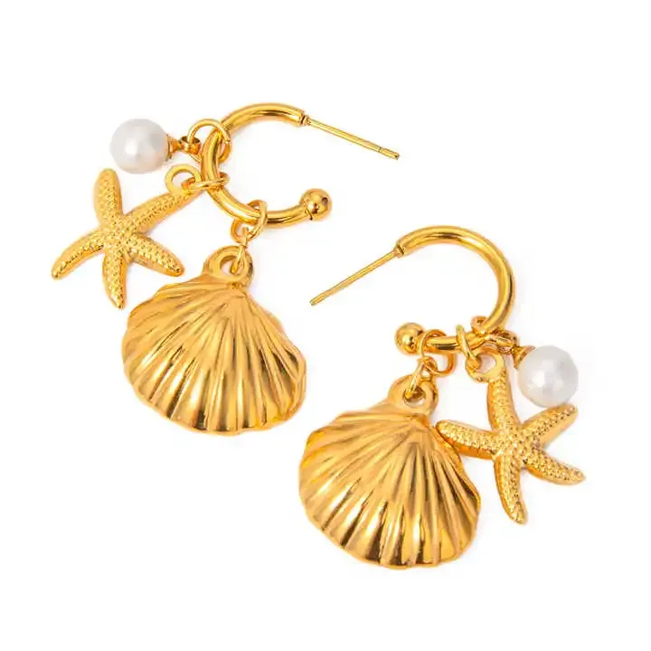 Copper seashell earrings with starfish and pearl charms
