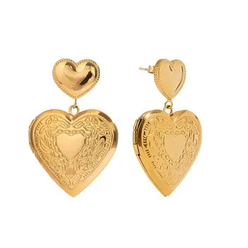 Gold heart shaped titanium locket drop earrings