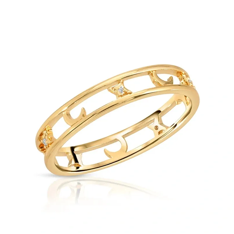 Gold openwork ring with crescent and star motifs