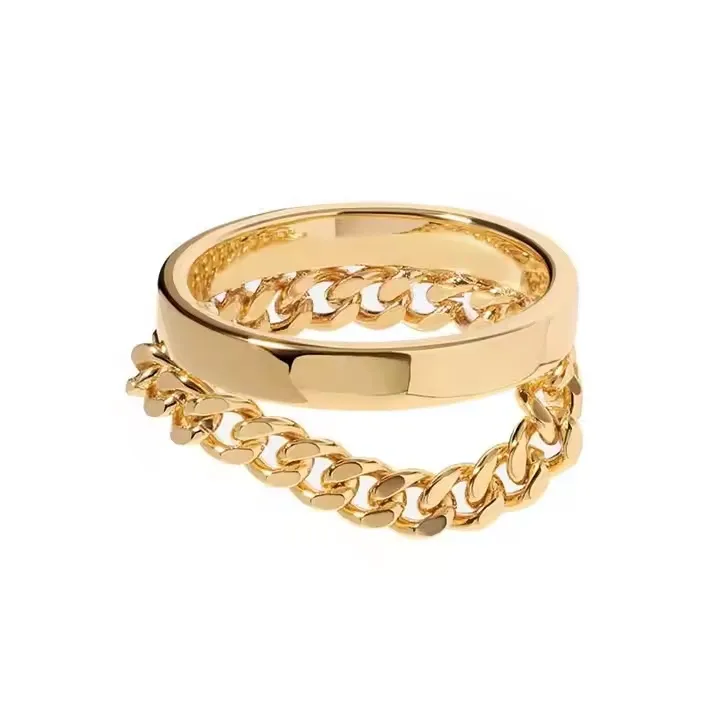 Gold ring with a chain link detail wrapping around the band