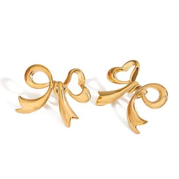 Gold titanium earrings shaped like flowing ribbon bows