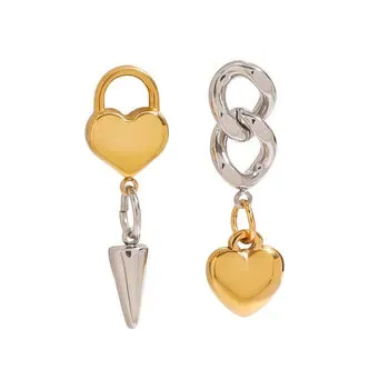 Mismatched gold and silver titanium heart charm earrings