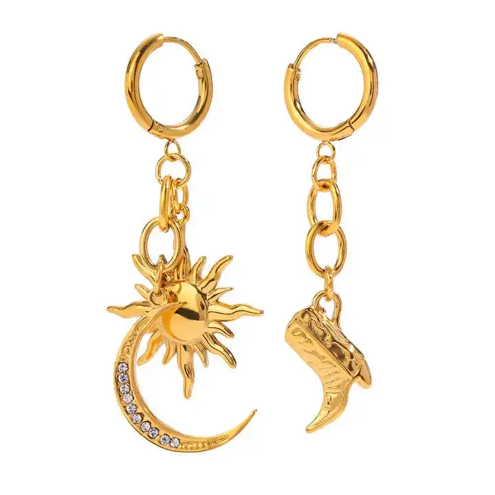 Mismatched gold titanium earrings with sun moon and boot charms