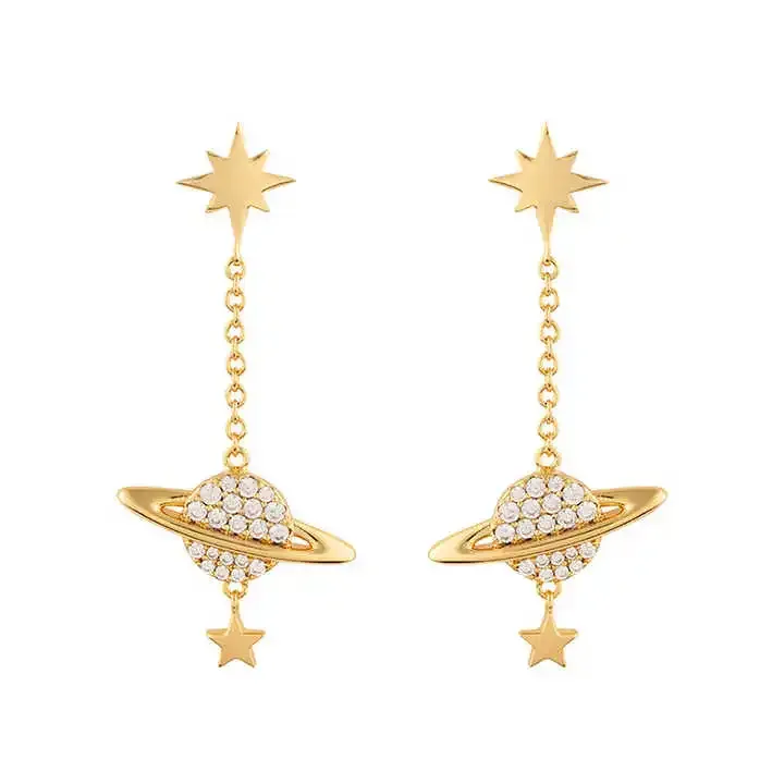 Silver celestial drop earrings with stars and planet design