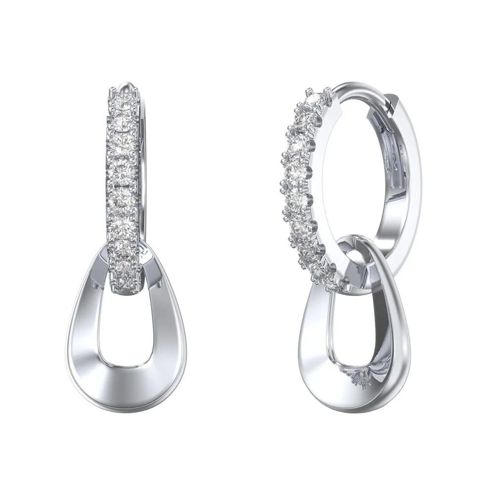 Silver drop earrings with diamond accents and open teardrop
