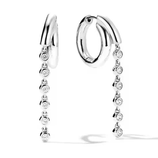 Silver hoop earrings with dangling diamond chains