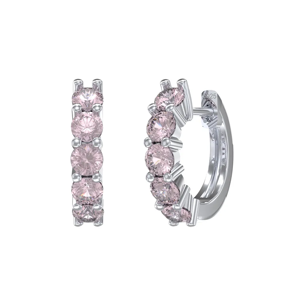 Silver hoop earrings with pink gemstones in prong settings