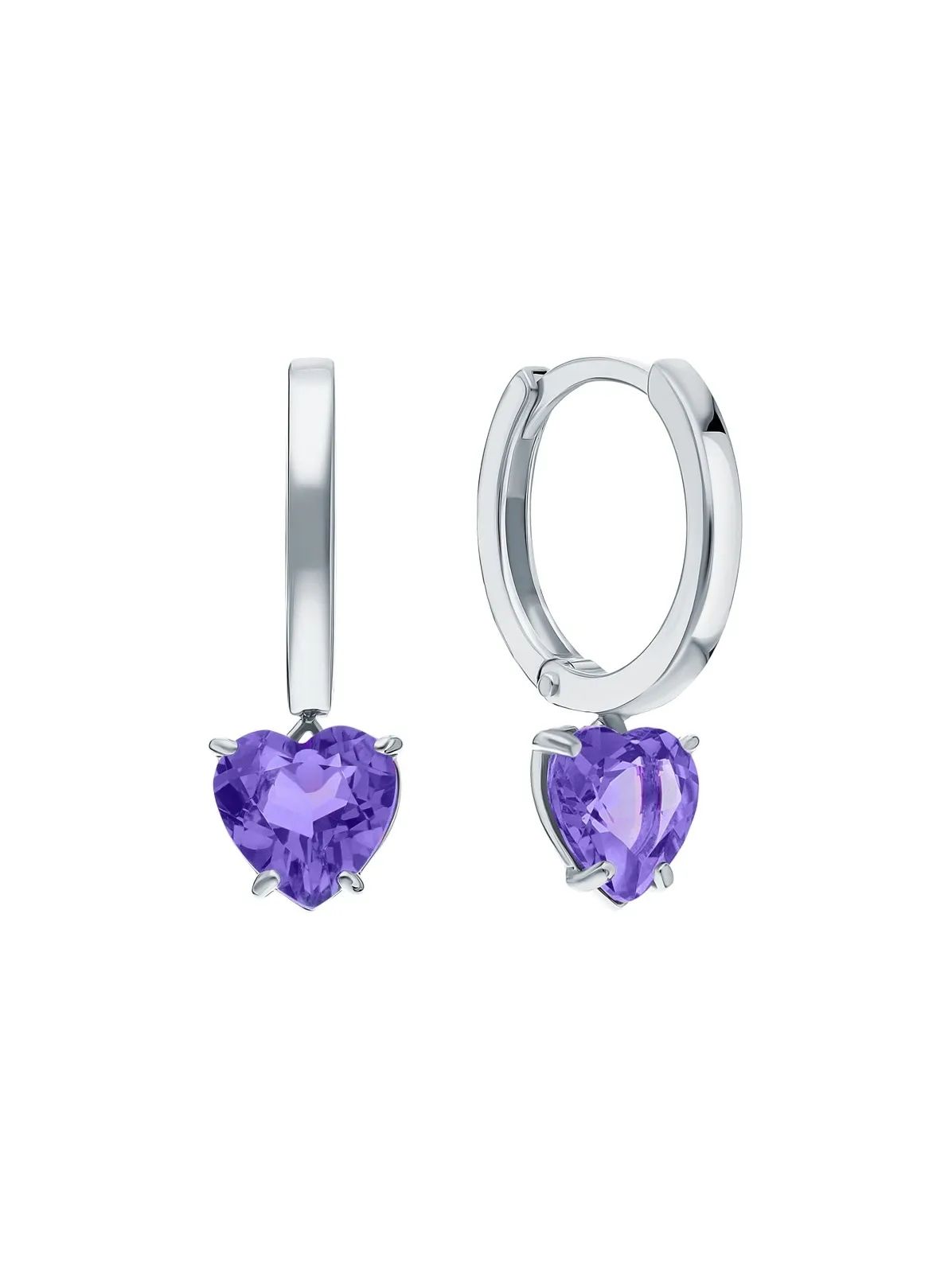 Silver hoop earrings with purple heart shaped gemstones