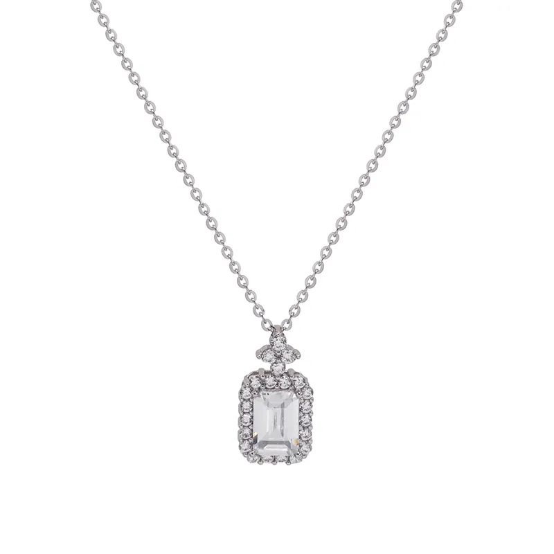 Silver pendant necklace with an emerald cut gemstone